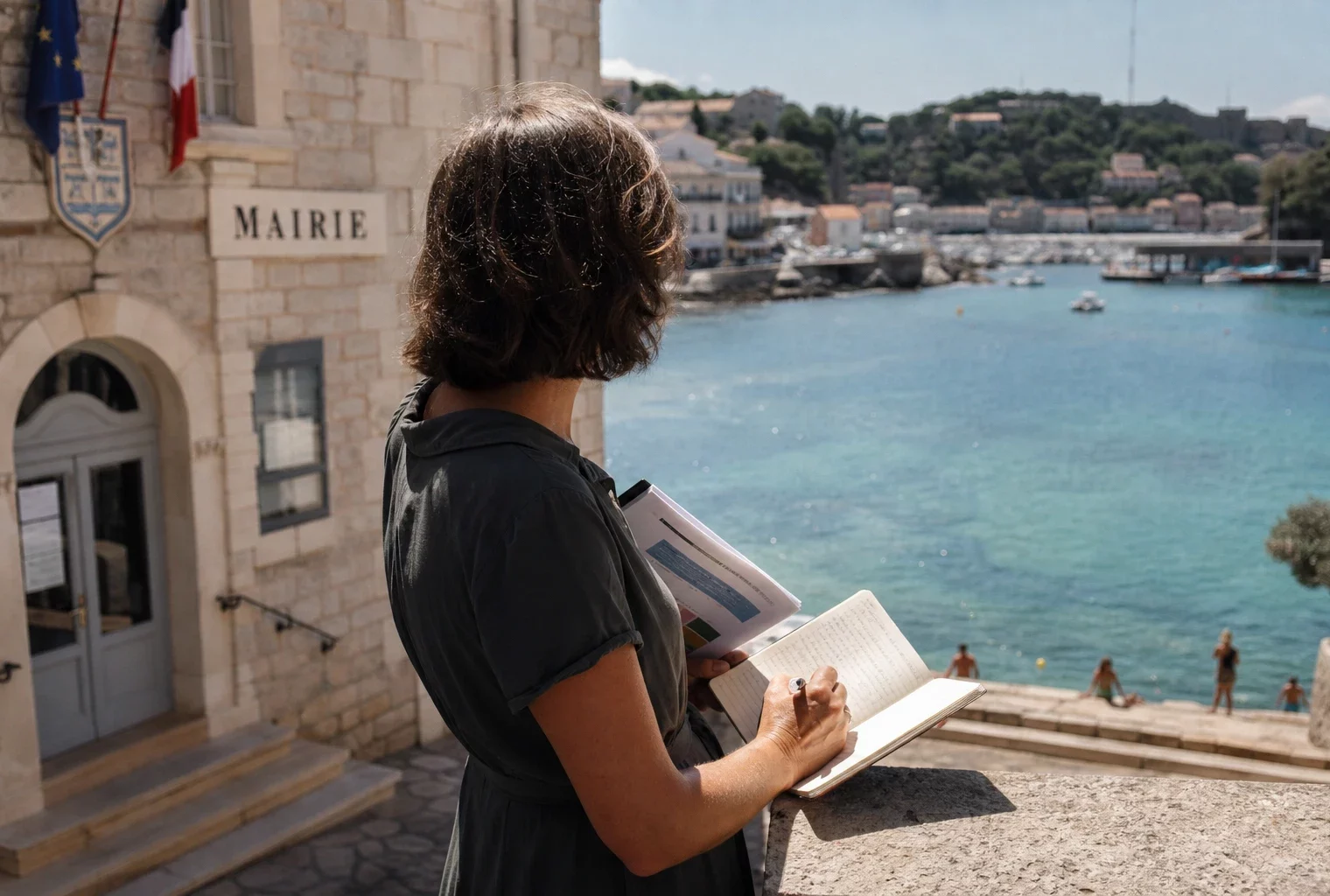 Élu local anonyme prenant des notes face à la mer chaude depuis une mairie méditerranéenne