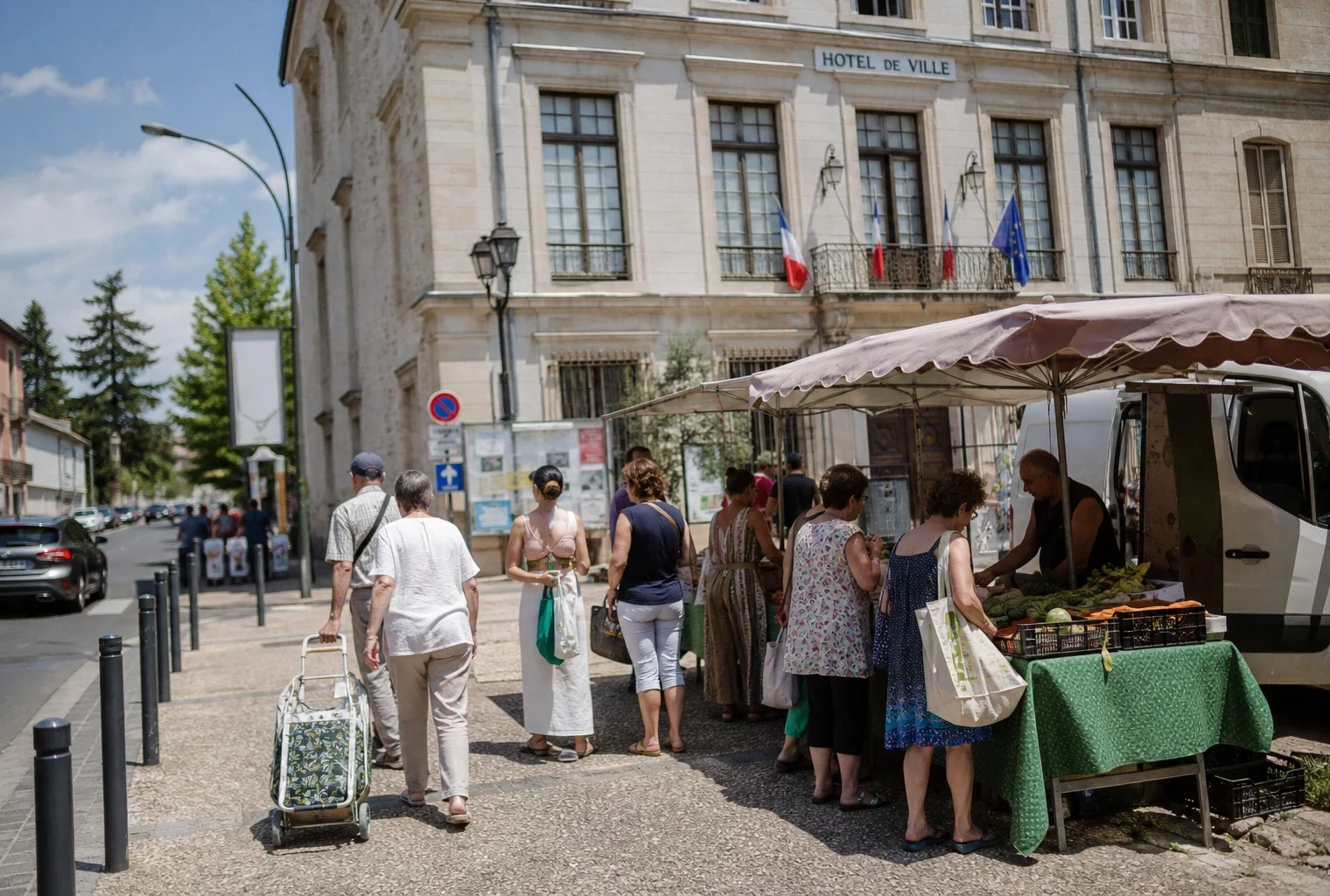 Scène de ville moyenne française sous la chaleur, avec passants, marché local et mairie en arrière-plan.