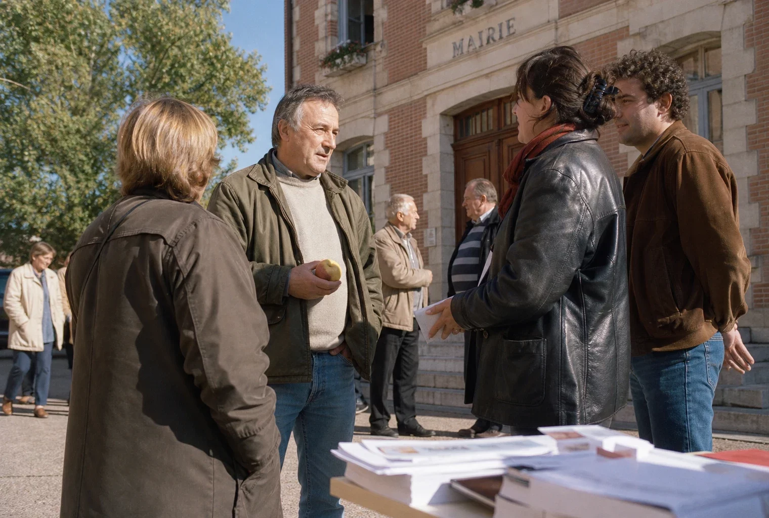 Citoyens anonymes échangeant devant une mairie française pendant une campagne politique, avec une pomme en main