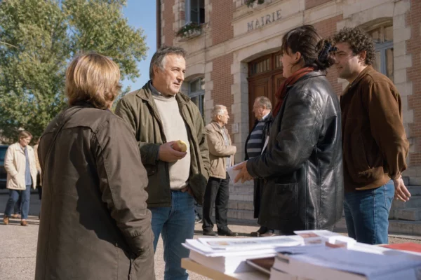 Citoyens anonymes échangeant devant une mairie française pendant une campagne politique, avec une pomme en main