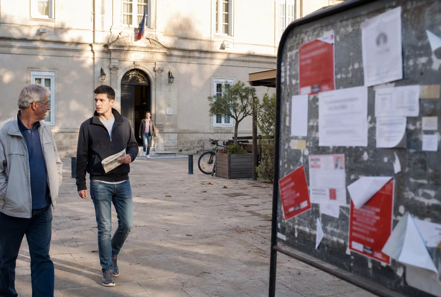 Habitants anonymes sur une place de ville française devant un équipement municipal après une campagne présidentielle