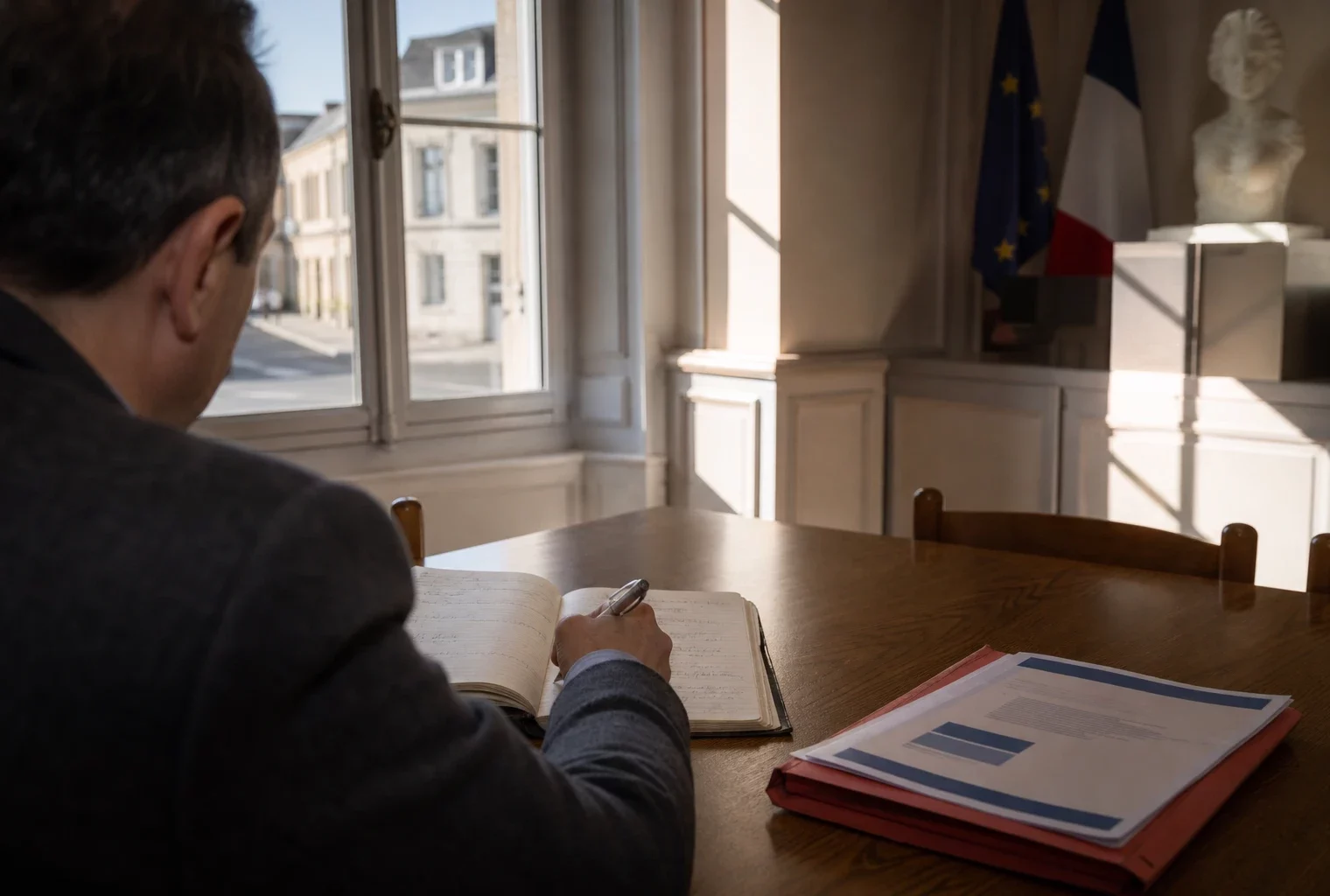Élu local anonyme prenant des notes dans une mairie française pour préparer une réunion politique