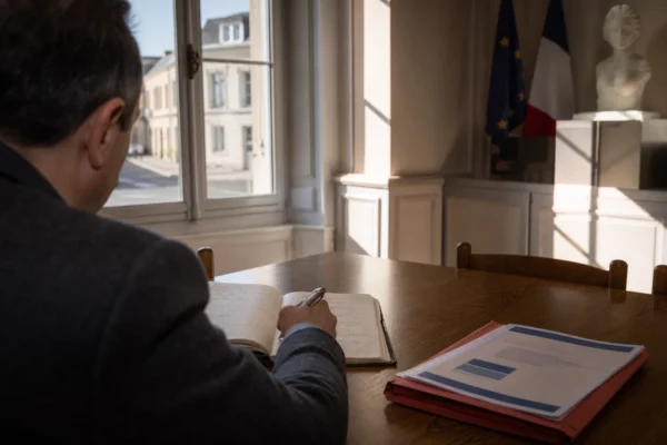 Élu local anonyme prenant des notes dans une mairie française pour préparer une réunion politique