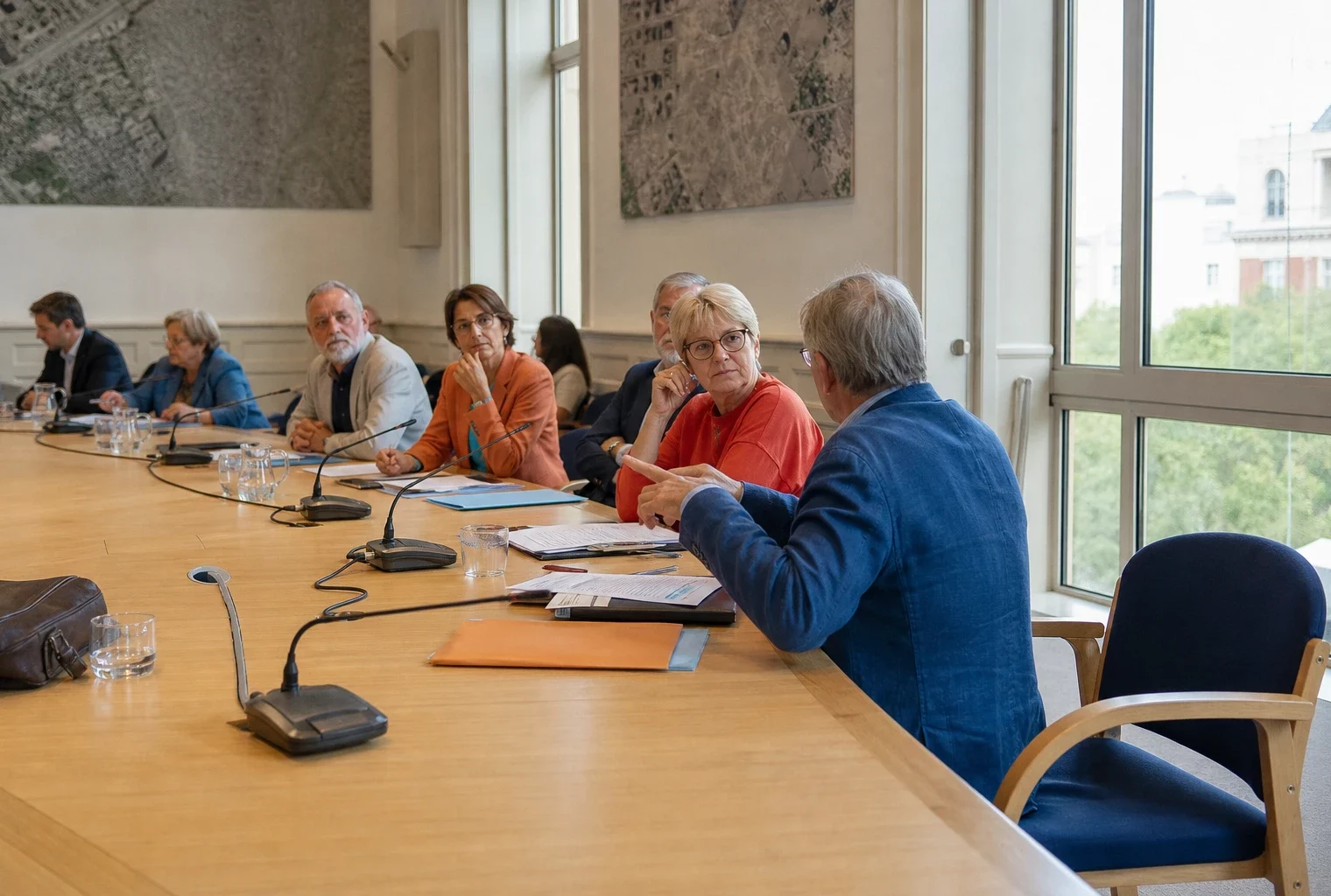 Salle de conseil municipal française avec micros, dossiers flous et une chaise vide, illustrant les échanges commerciaux UE-États-Unis