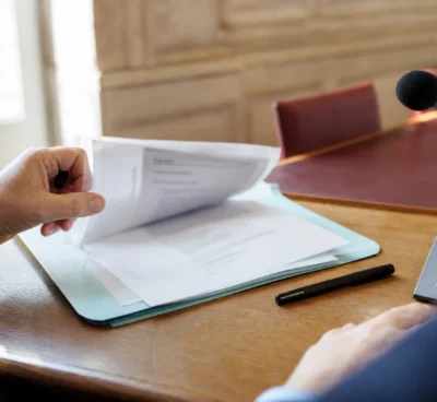 Mains anonymes examinant un dossier flou près d’un micro de commission dans une salle parlementaire française