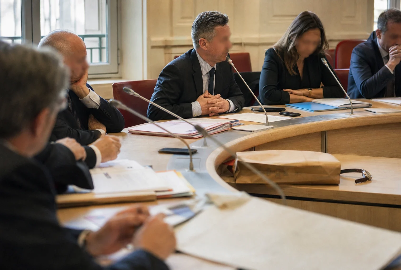 Réunion de commission parlementaire avec micros et dossiers autour d’une enquête sur un vol à Paris