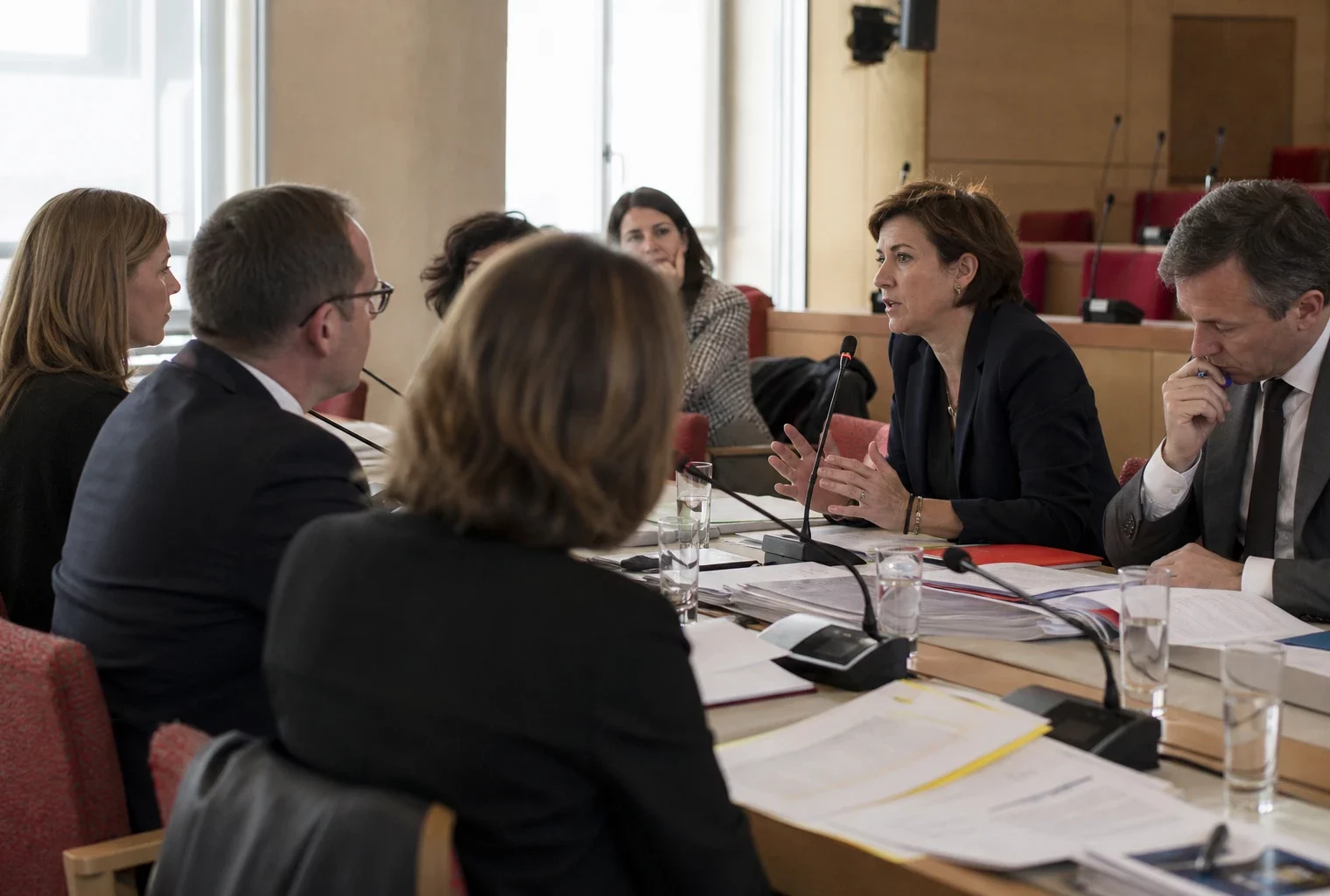 Réunion de commission parlementaire avec micros, dossiers ouverts et silhouettes anonymes dans une salle institutionnelle lumineuse