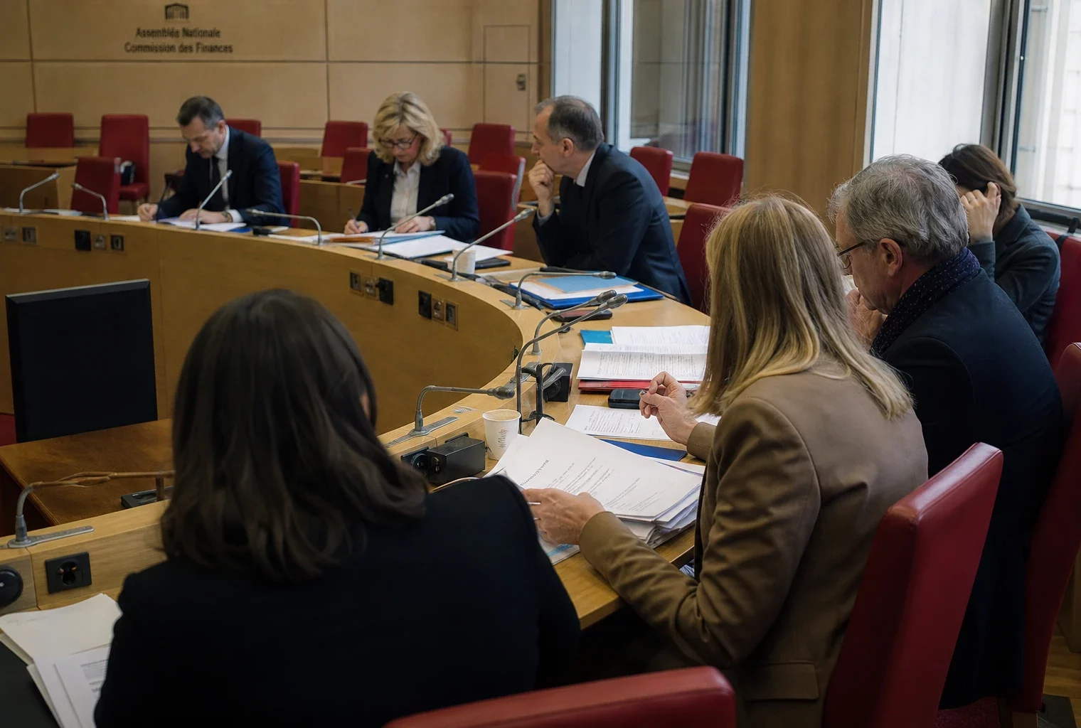 Réunion de commission parlementaire française sur le budget 2027, avec élus anonymes, micros et dossiers sur la table