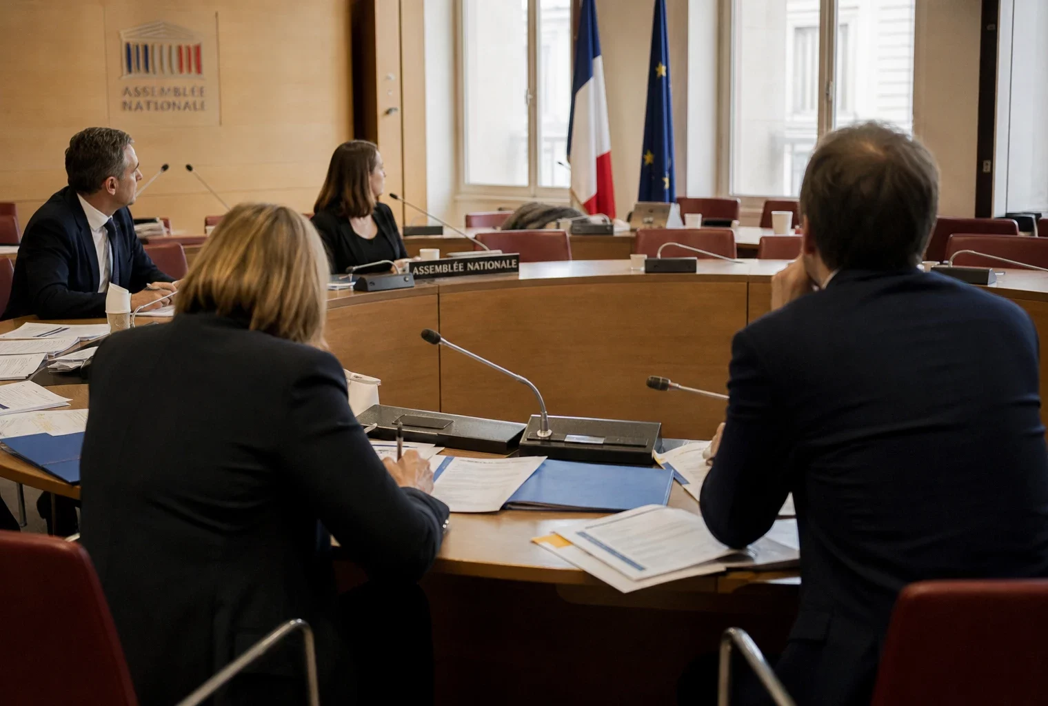Réunion d’une commission parlementaire française sur les dépenses de communication de l’État, avec micros et dossiers