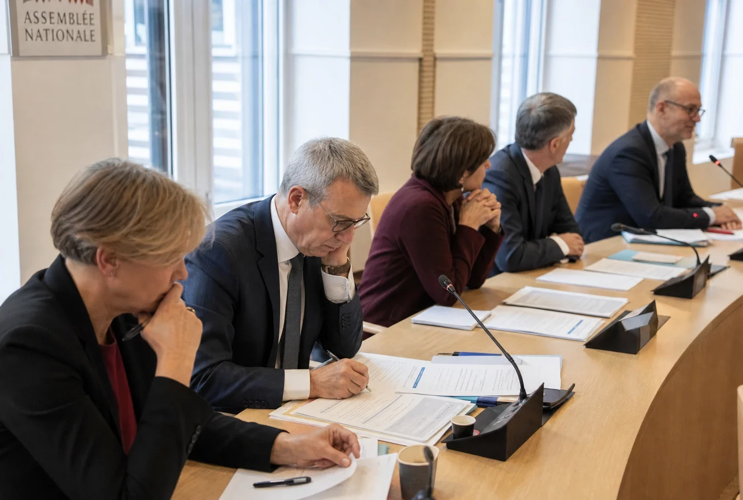 Réunion de commission parlementaire française avec des fonctionnaires anonymes, micros et dossiers sur la table