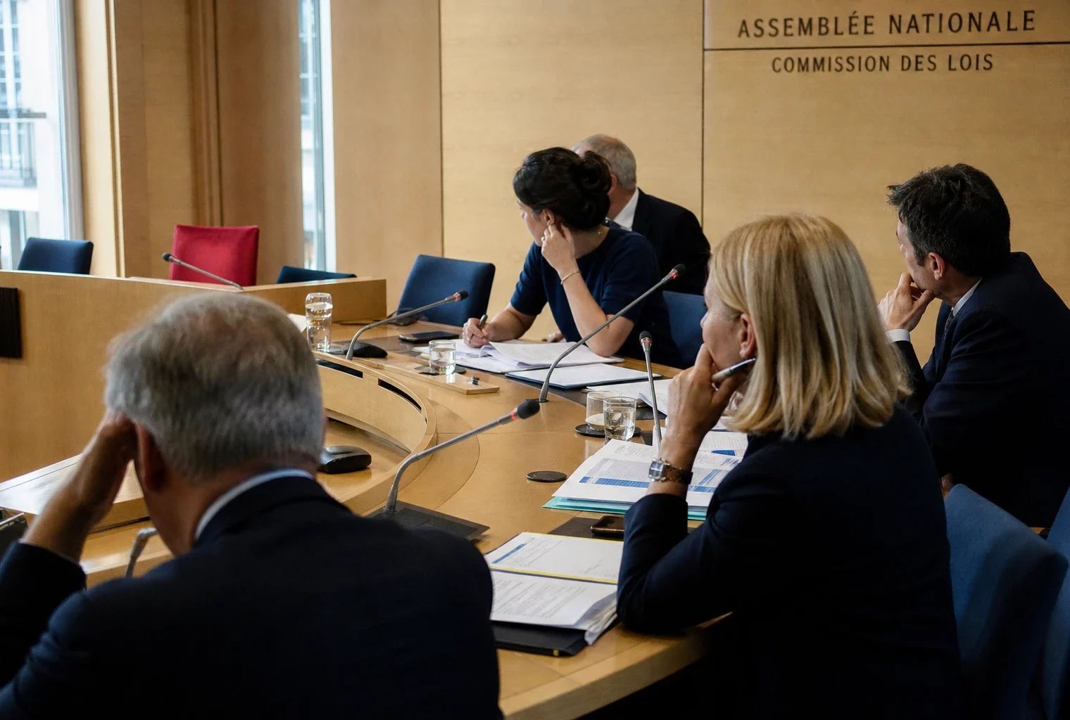 Réunion de commission parlementaire française avec élus anonymes, micros et dossiers autour d’une table