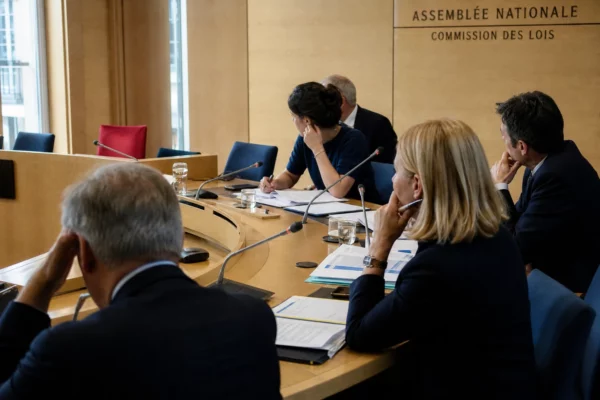 Réunion de commission parlementaire française avec élus anonymes, micros et dossiers autour d’une table