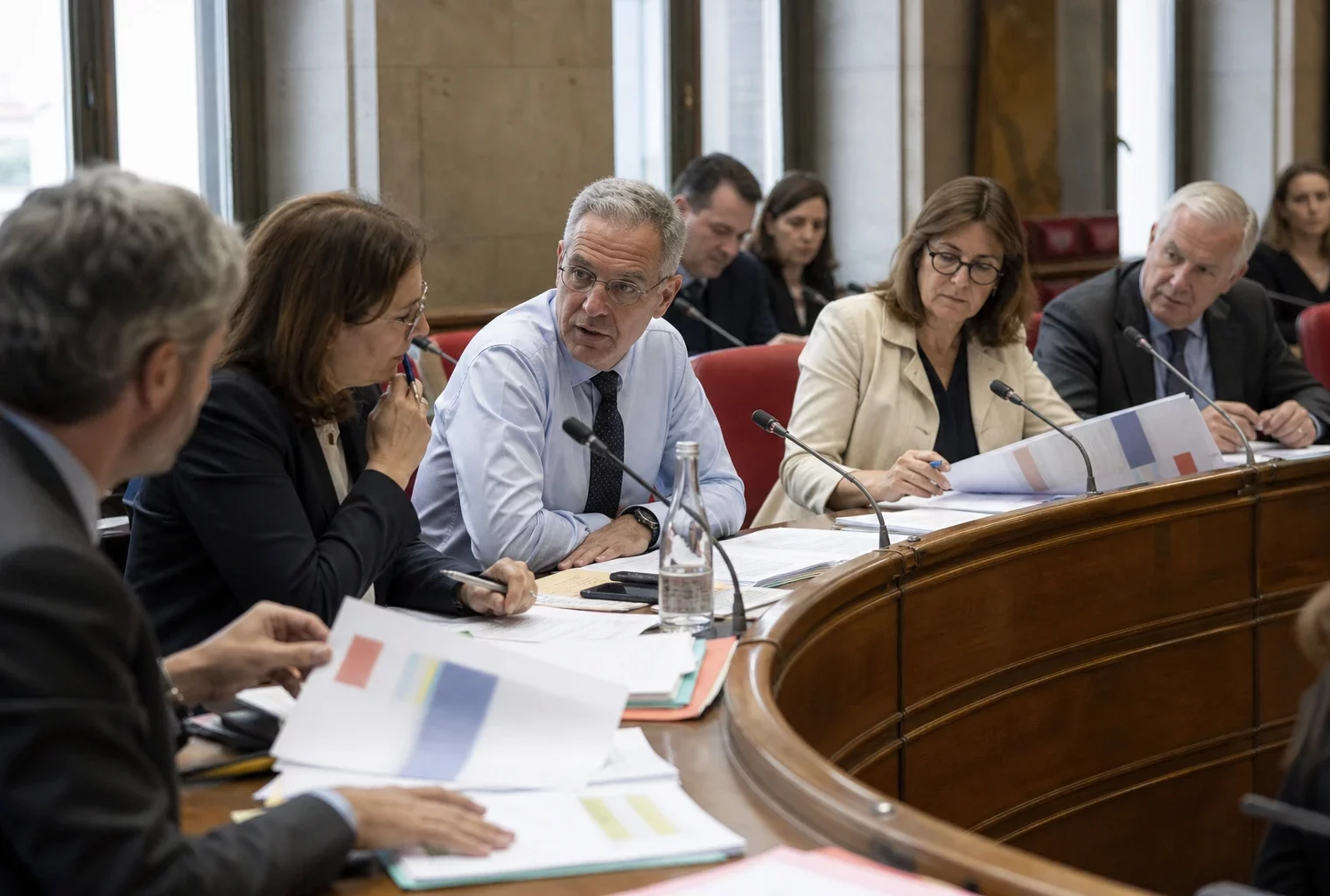 Commission parlementaire française réunie autour d’un débat budgétaire sur les retraites