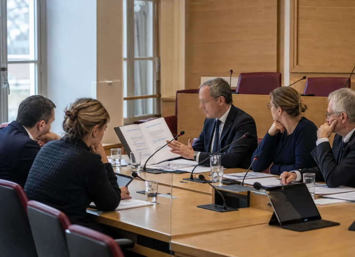 Réunion de commission parlementaire française sur les stocks de gaz européens, avec micros et dossiers sur la table