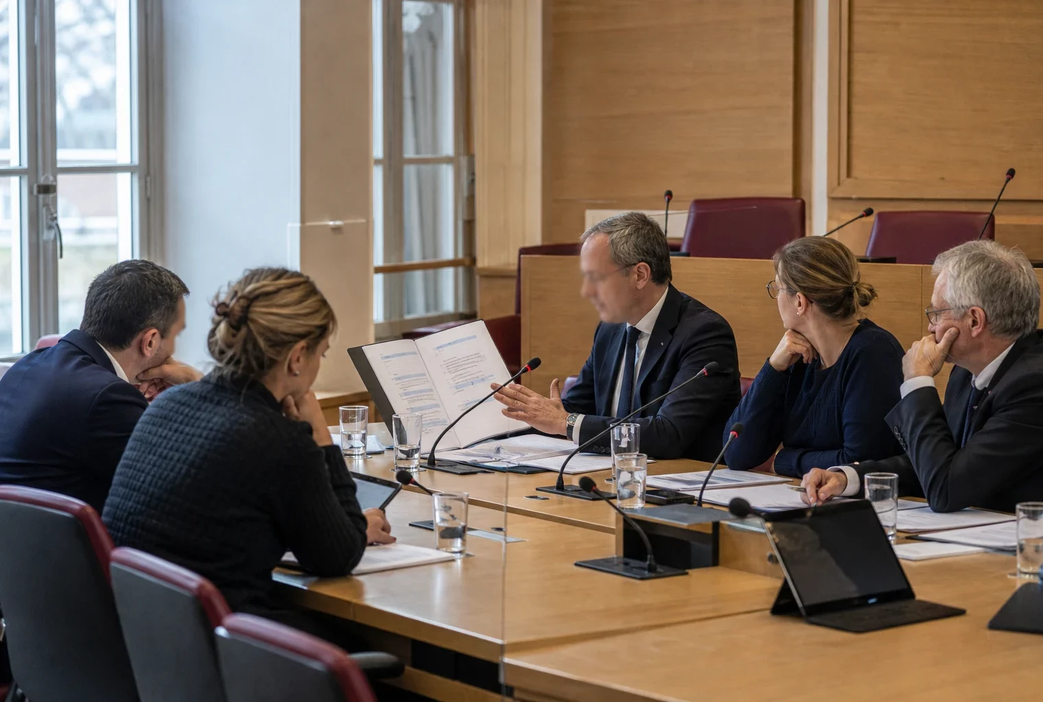 Réunion de commission parlementaire française sur les stocks de gaz européens, avec micros et dossiers sur la table