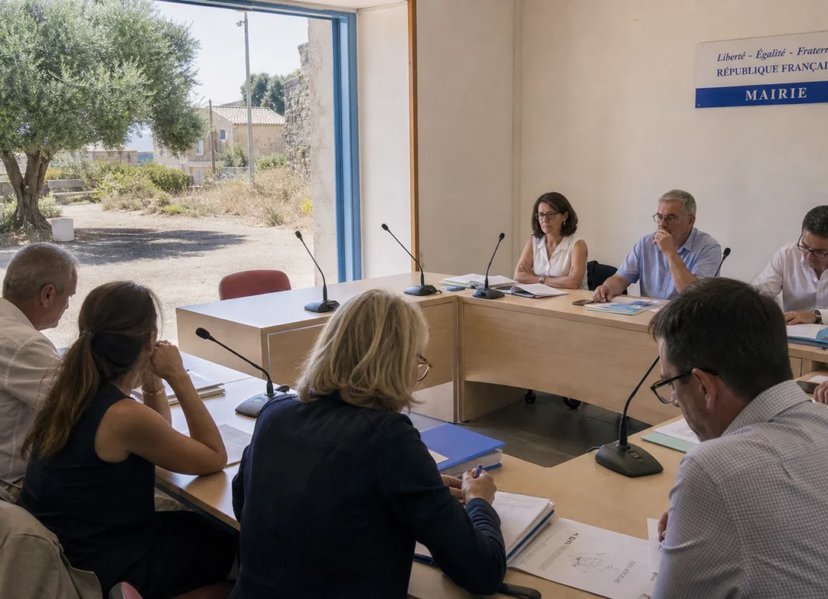 Salle municipale française avec chaise vide, micros et dossiers, évoquant la communication politique estivale