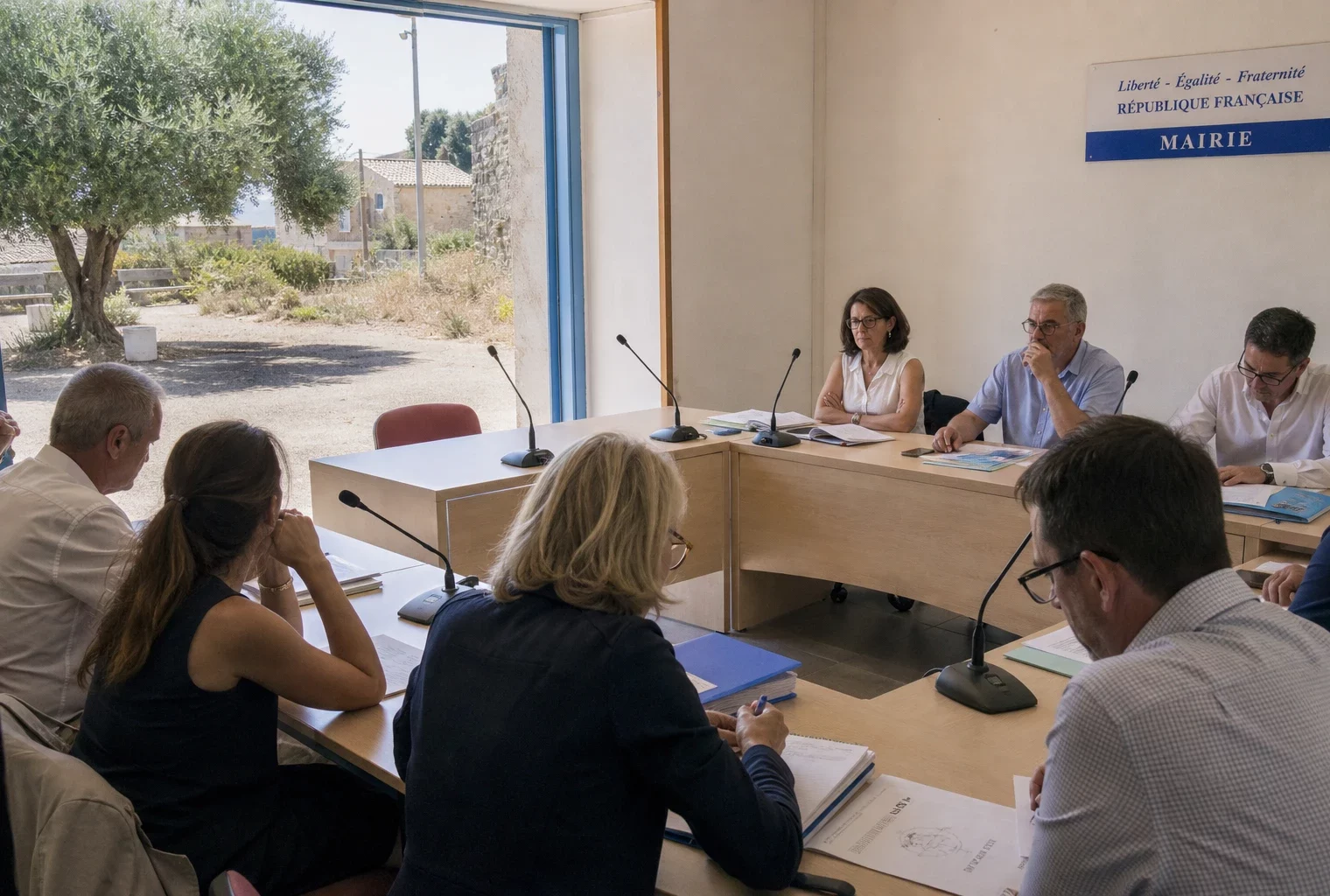 Salle municipale française avec chaise vide, micros et dossiers, évoquant la communication politique estivale