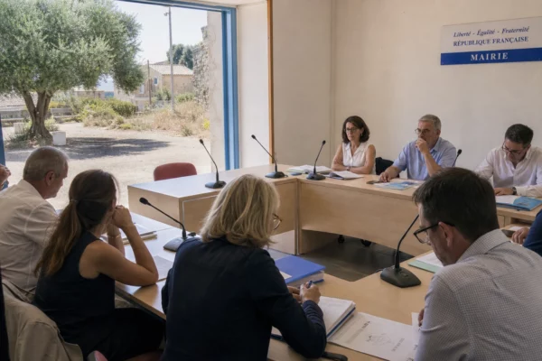 Salle municipale française avec chaise vide, micros et dossiers, évoquant la communication politique estivale
