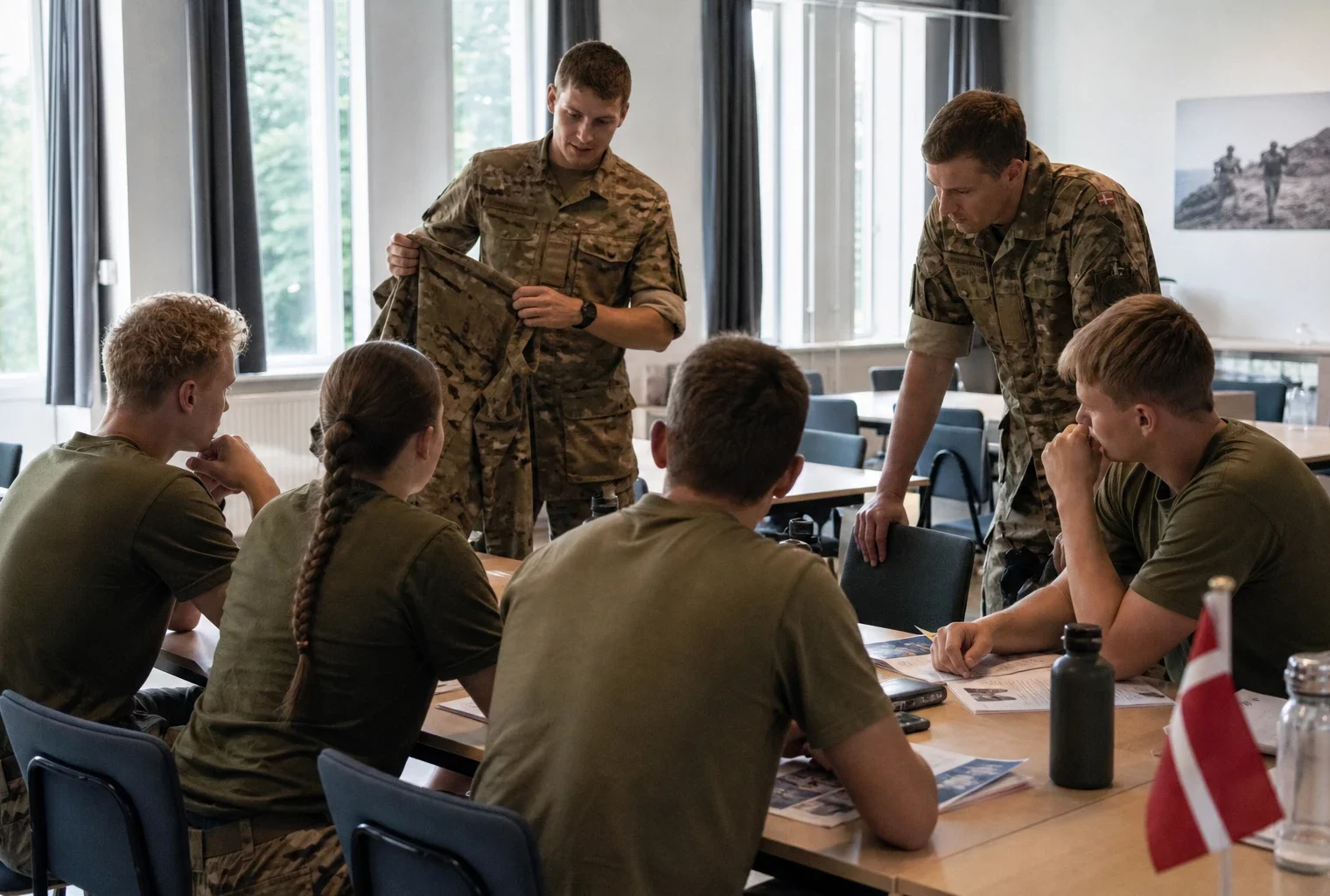 Briefing militaire au Danemark avec plusieurs conscrits réunis autour d’une table dans une salle lumineuse.