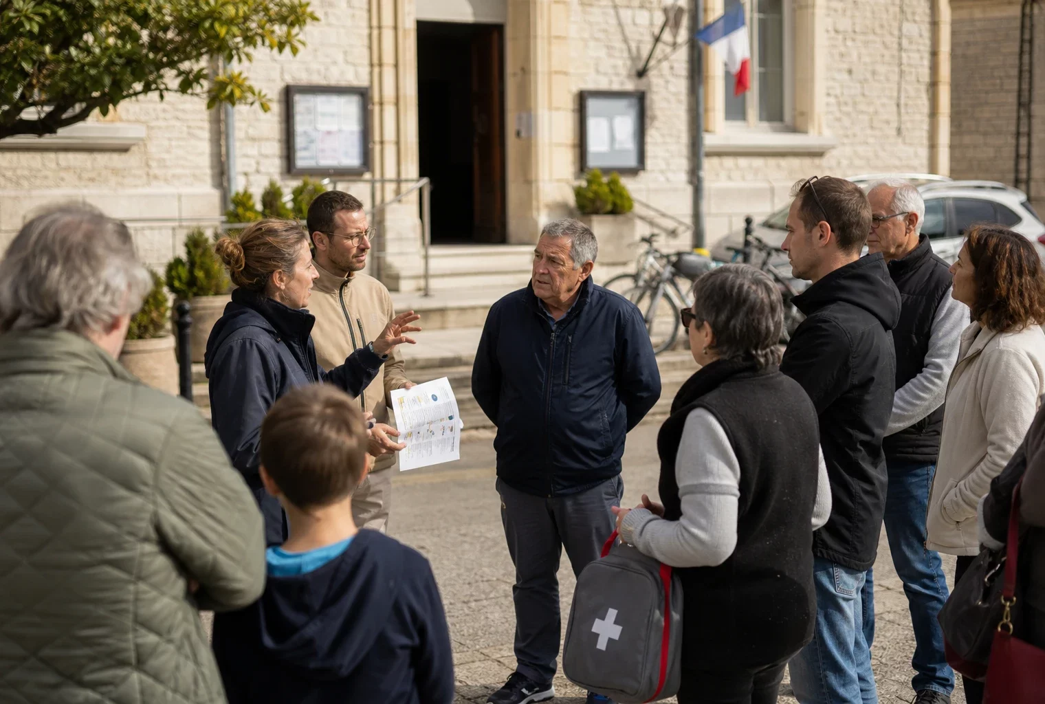 Citoyens réunis devant une mairie française pour une séance d’information sur la préparation aux crises climatiques