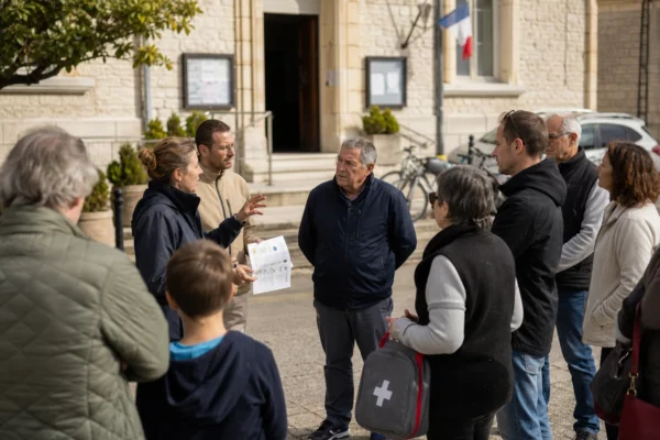 Citoyens réunis devant une mairie française pour une séance d’information sur la préparation aux crises climatiques