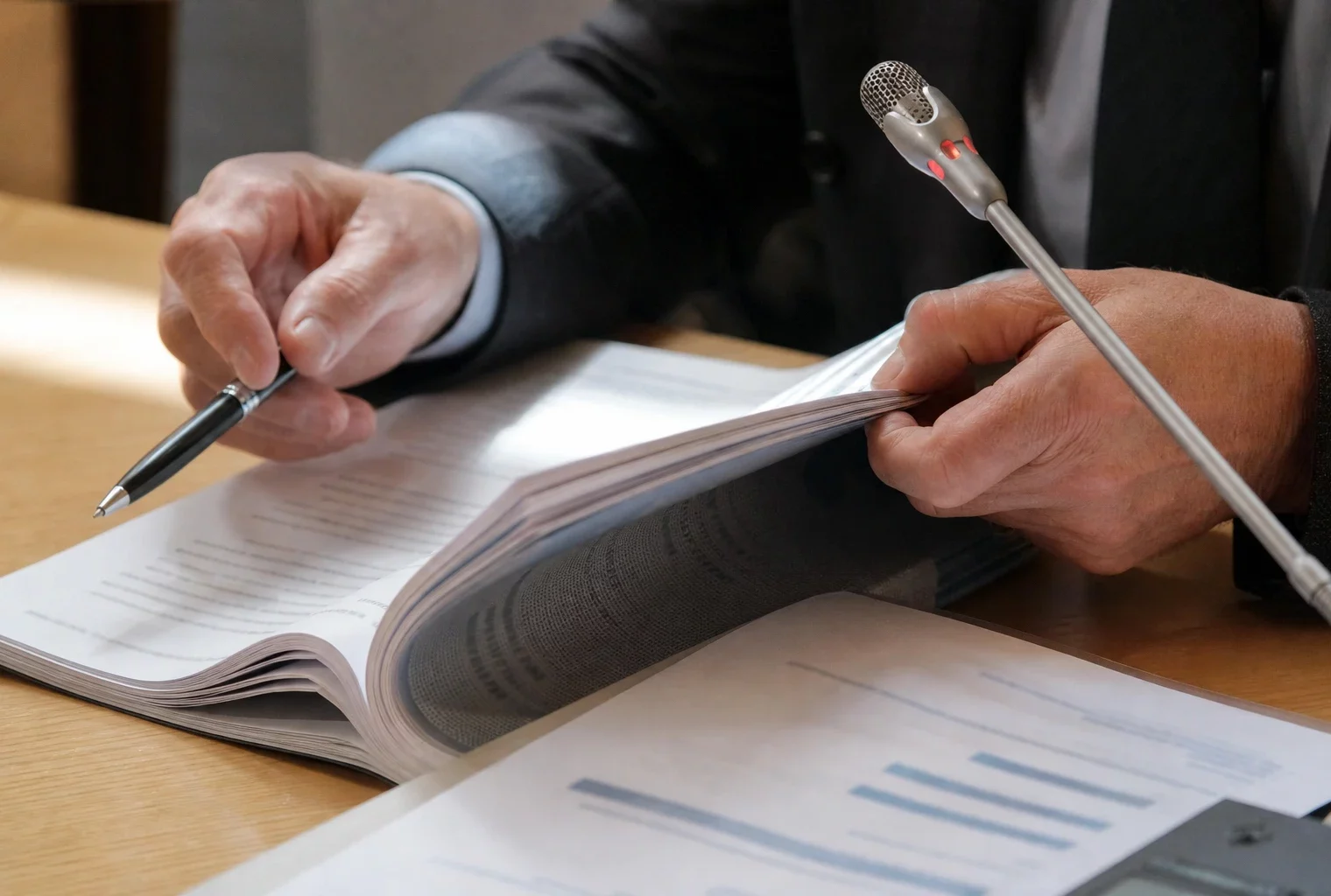 Mains anonymes manipulant un dossier juridique près d’un micro lors d’une audition parlementaire