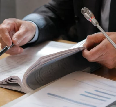 Mains anonymes manipulant un dossier juridique près d’un micro lors d’une audition parlementaire