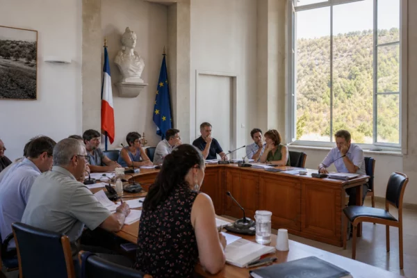 Salle municipale française réunissant des élus autour de la prévention des incendies et de l’adaptation climatique