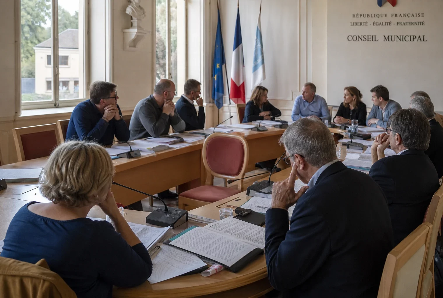 Salle de conseil municipal française, micros et dossiers autour d’une table avec une chaise vide au premier plan