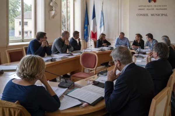 Salle de conseil municipal française, micros et dossiers autour d’une table avec une chaise vide au premier plan