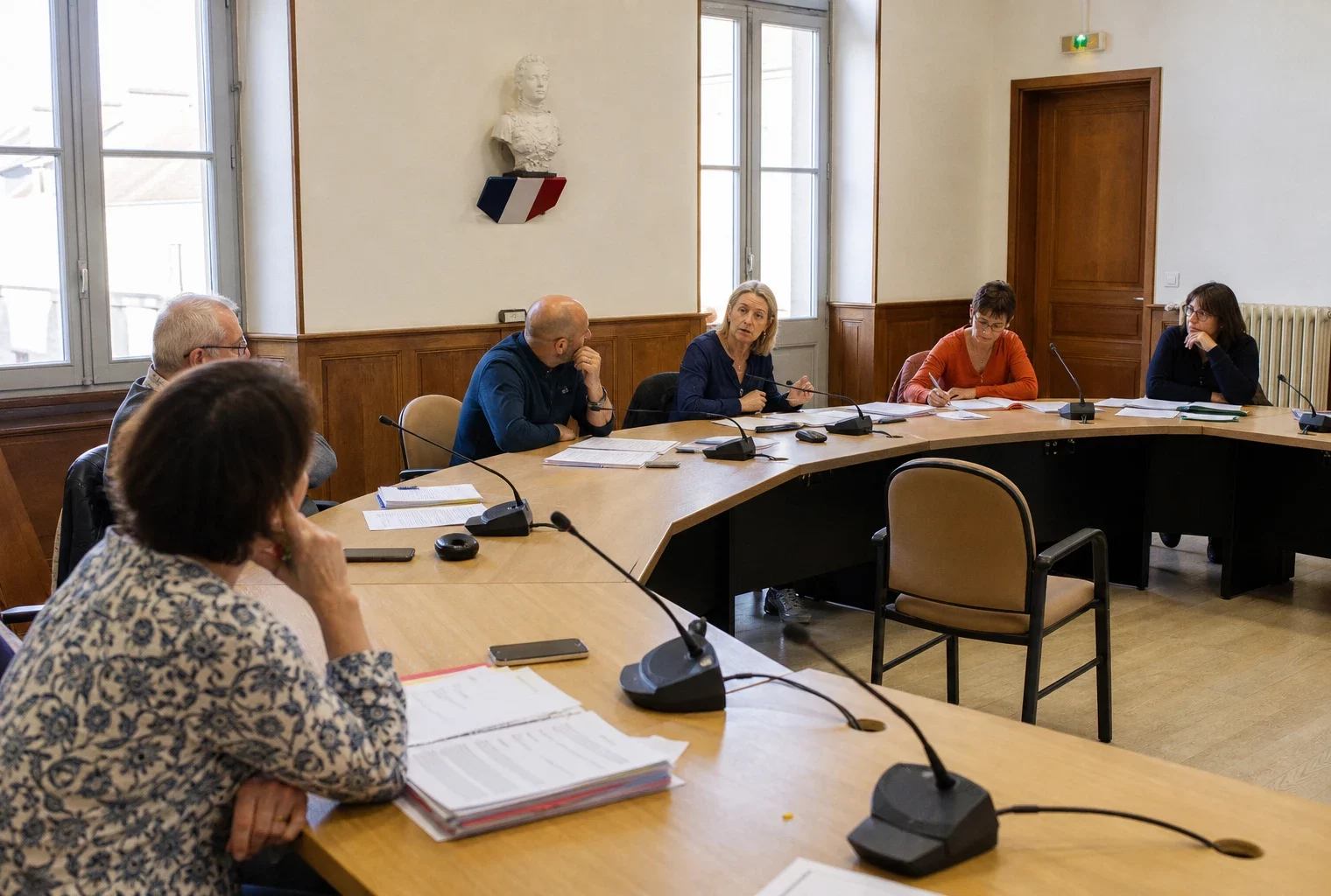 Conseil municipal français réuni autour d’une table, avec une chaise vide, des micros et des dossiers flous