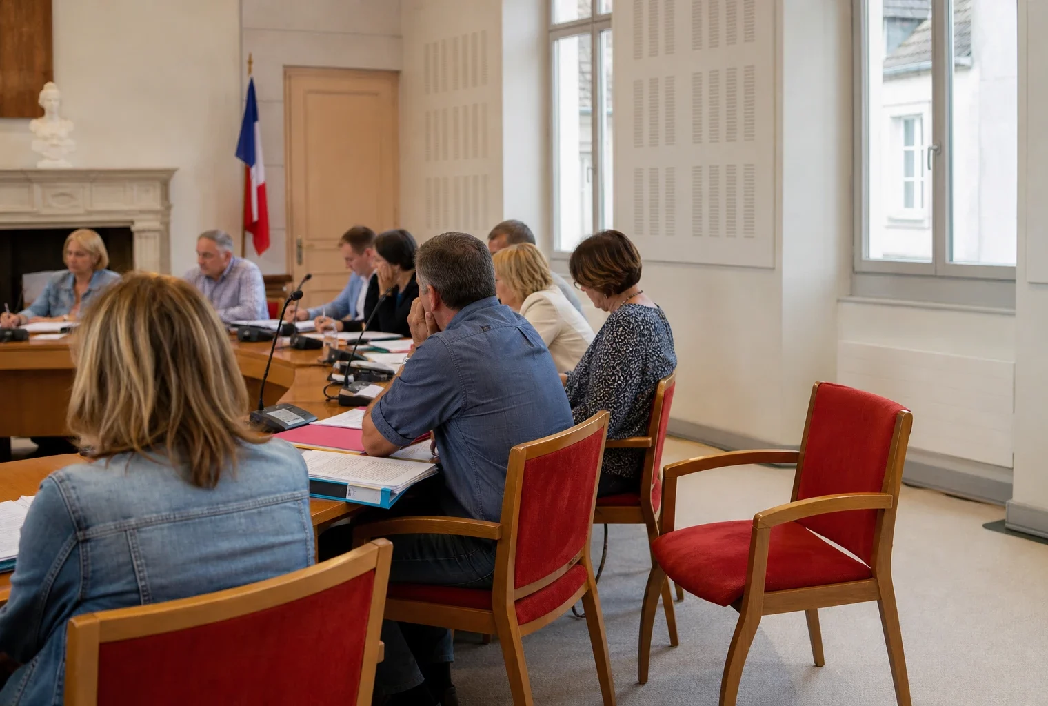 Salle de conseil municipal française avec une chaise vide, des micros et des dossiers sur une table