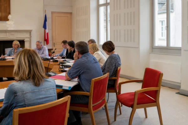 Salle de conseil municipal française avec une chaise vide, des micros et des dossiers sur une table
