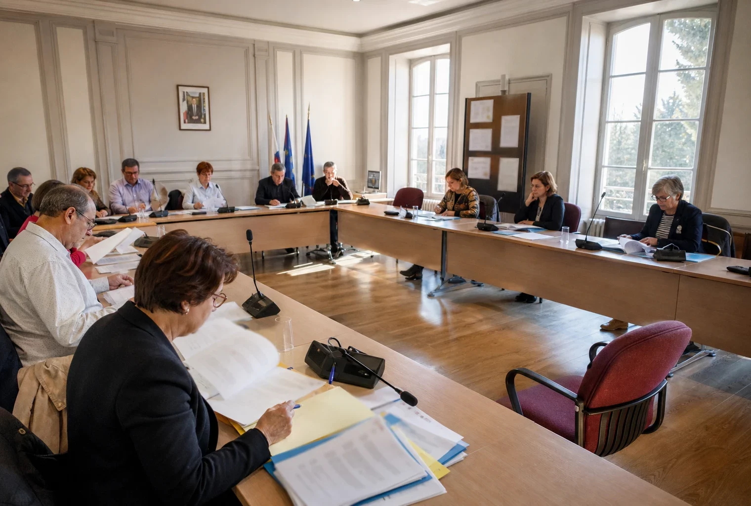 Salle de conseil municipal française avec une chaise vide, des micros et des élus anonymes autour d’une table