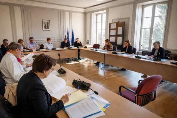 Salle de conseil municipal française avec une chaise vide, des micros et des élus anonymes autour d’une table