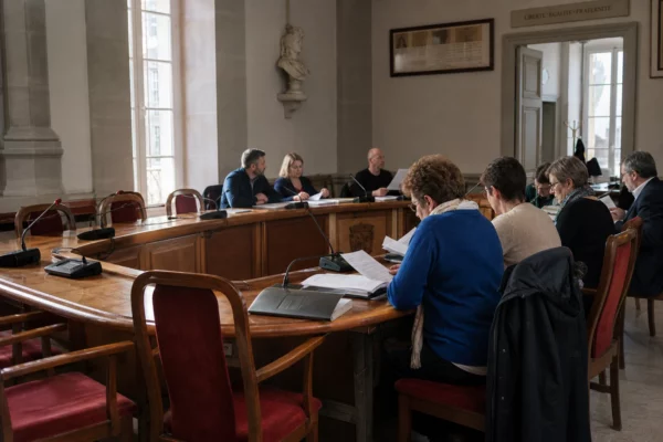 Salle de conseil municipal française avec une chaise vide, des micros et des dossiers sur une table