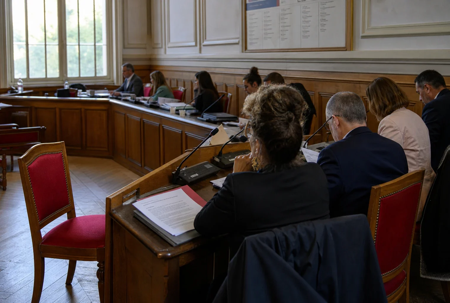 Salle de conseil municipal française avec une chaise vide, des micros et des dossiers sur une table en bois