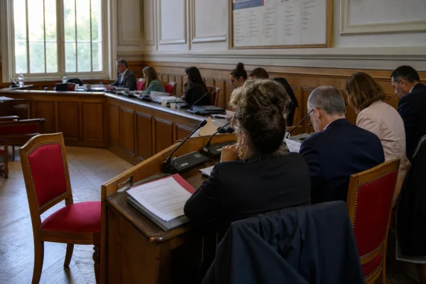 Salle de conseil municipal française avec une chaise vide, des micros et des dossiers sur une table en bois
