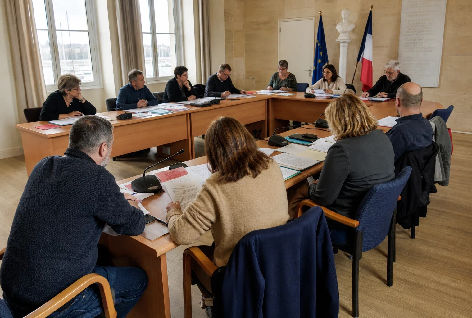 Conseil municipal girondin réunissant des élus autour de dossiers pour préparer la reconstruction après les incendies