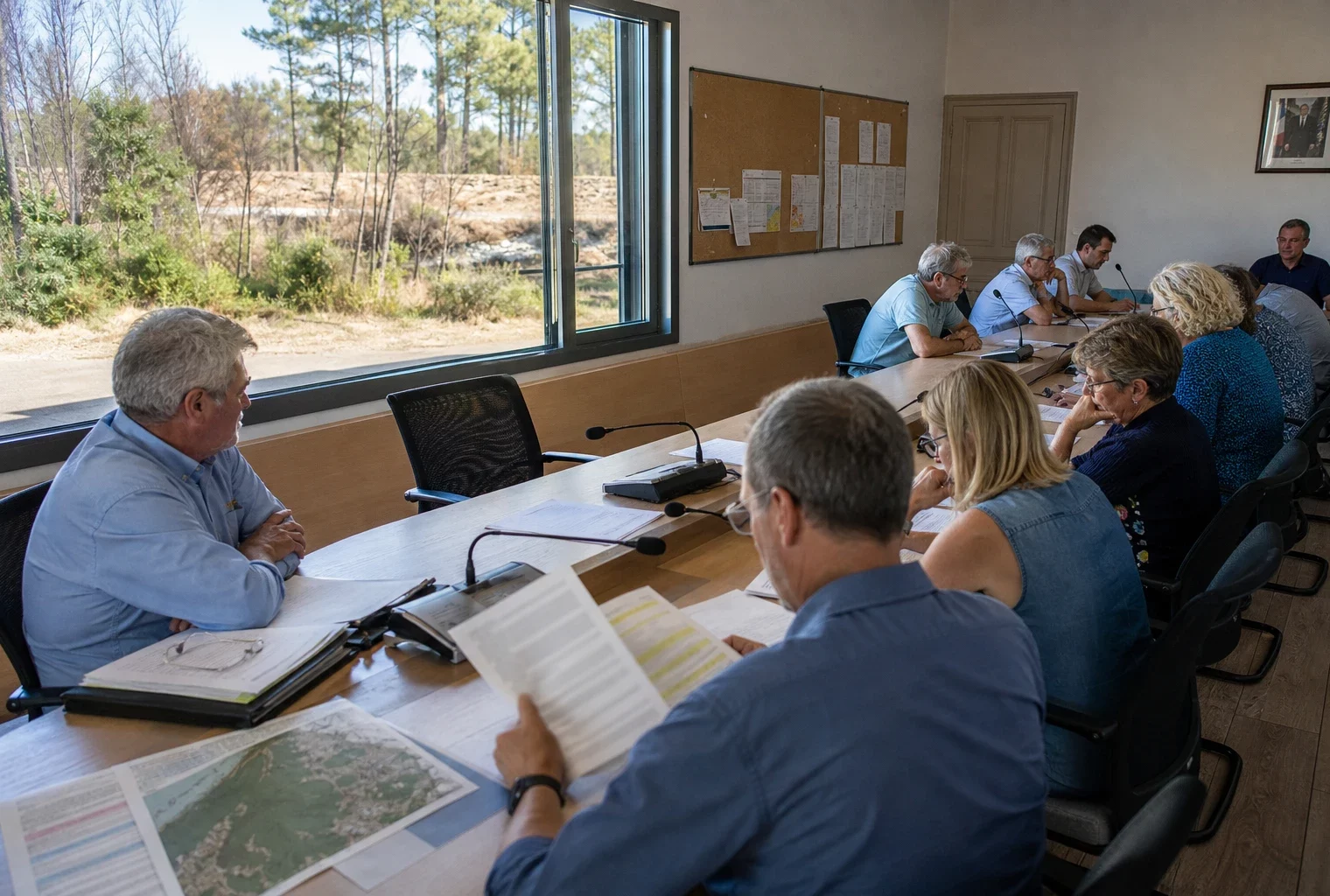 Conseil municipal en Gironde préparant la reconstruction après les incendies, autour de dossiers et de micros flous