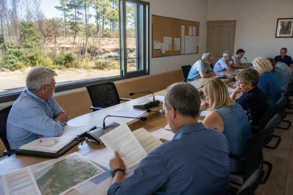 Conseil municipal en Gironde préparant la reconstruction après les incendies, autour de dossiers et de micros flous