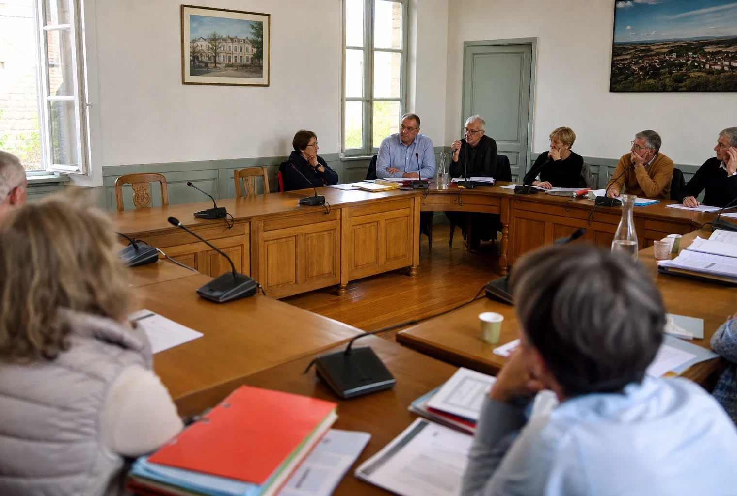 Salle de conseil municipal française avec chaise vide, micros et dossiers flous pour illustrer un sondage électoral