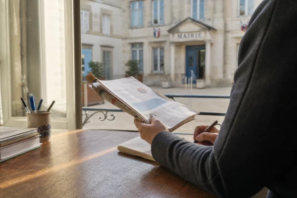 Collaborateur politique anonyme consultant un dossier économique dans une mairie française lumineuse