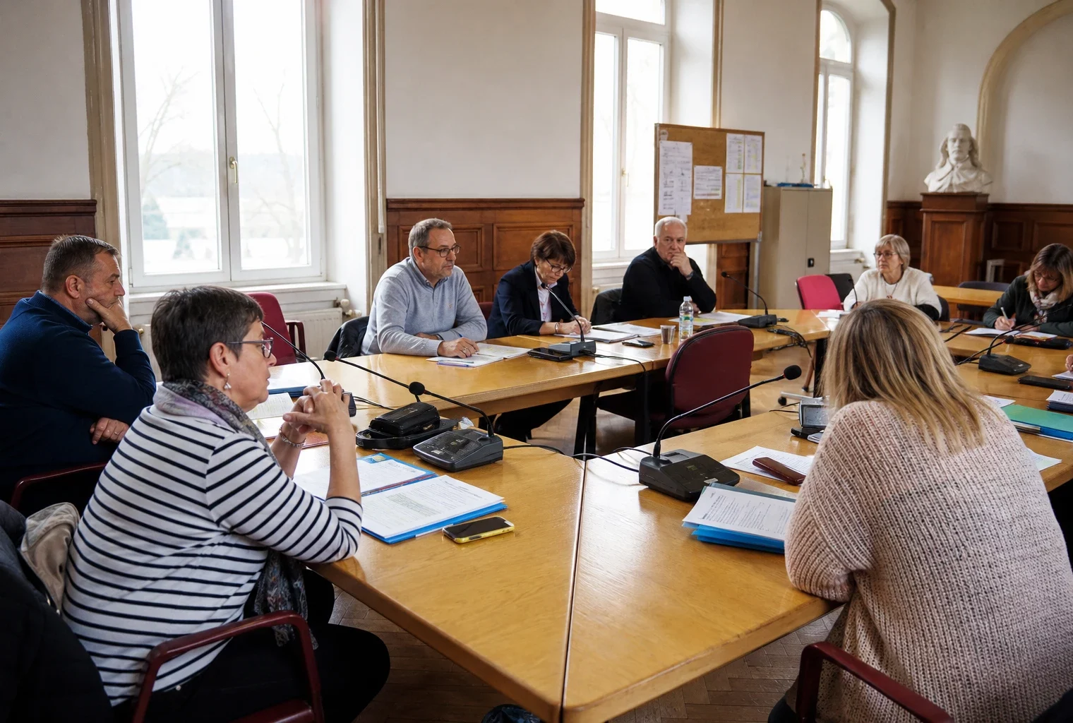 Conseil municipal français discutant des services publics autour de micros, dossiers flous et d’une chaise vide