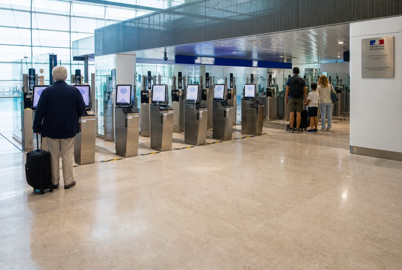 Hall d’aéroport français avec bornes biométriques et voyageurs anonymes en attente au contrôle frontalier