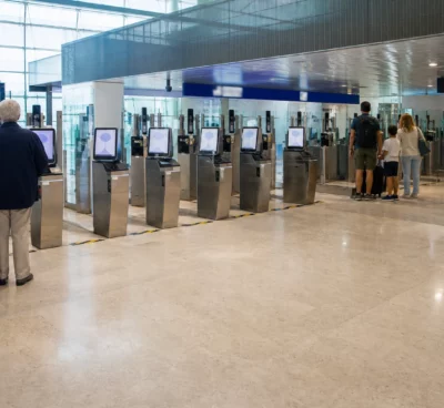 Hall d’aéroport français avec bornes biométriques et voyageurs anonymes en attente au contrôle frontalier