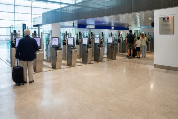 Hall d’aéroport français avec bornes biométriques et voyageurs anonymes en attente au contrôle frontalier