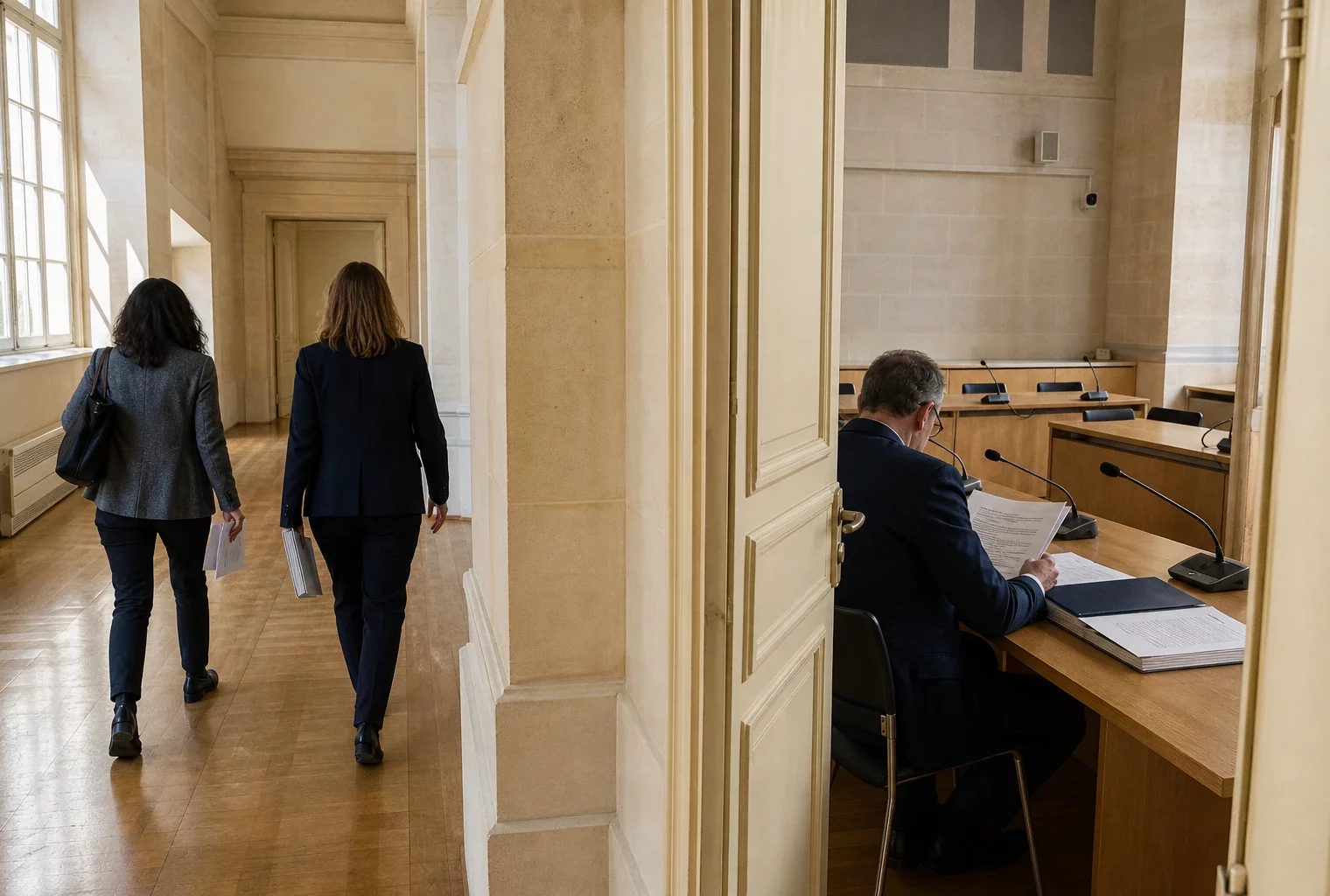 Salle d’audition institutionnelle française avec micros et dossiers, illustrant le contrôle des exportations d’armement