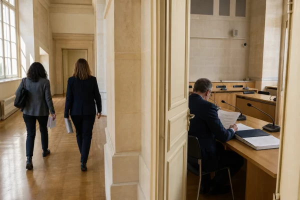 Salle d’audition institutionnelle française avec micros et dossiers, illustrant le contrôle des exportations d’armement