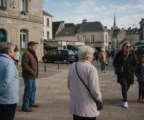 Place de ville française avec mairie et passants anonymes, ambiance calme de reportage urbain.